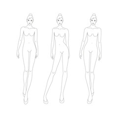 Three catwalk female line technical drawing croquis for flat fashion sketches and cads. 9 head vector mannequin design. 