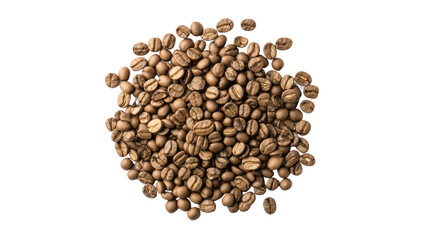 Brown coffee beans scattered on a white background, showcasing their rich texture and color, perfect for coffee-related designs.