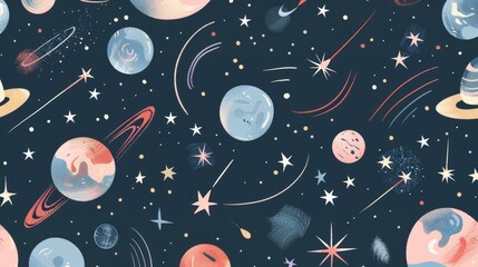 Cute hand drawn space pattern with planets, stars and comets in pastel colors on dark blue background. Celestial childish illustration