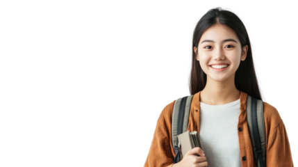 Cheerful student smiling, holding books and wearing a backpack, against a white background for educational content.