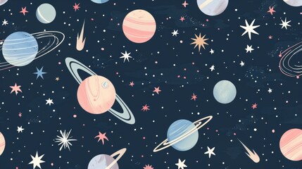 Naklejka premium Cute hand drawn space pattern with planets, stars and comets in pastel colors on dark blue background. Celestial childish illustration