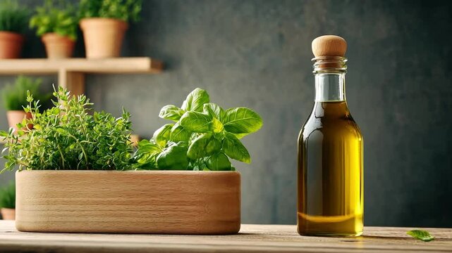 Fresh herbs and olive oil on a rustic kitchen table