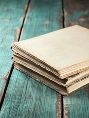 A stack of blank, aged papers rests on a rustic wooden surface, showcasing a vintage aesthetic with a soft focus.