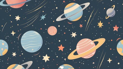 Cute hand drawn space pattern with planets, stars and comets in pastel colors on dark blue background. Celestial childish illustration