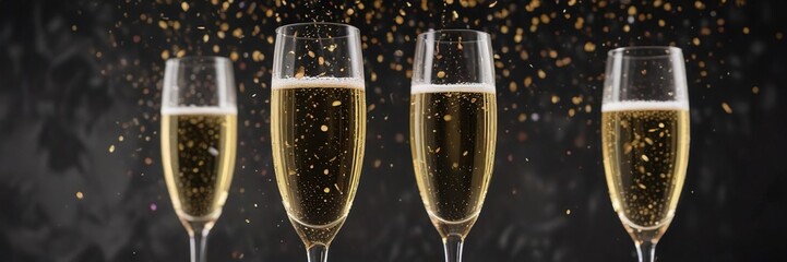 Confetti filled air captured in focus with champagne toasts, champagne, bubbles, happiness