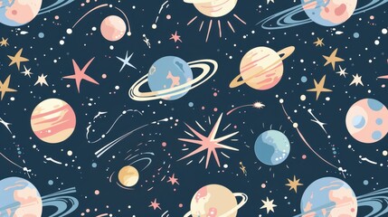 Cute hand drawn space pattern with planets, stars and comets in pastel colors on dark blue background. Celestial childish illustration