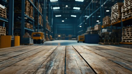 Obraz premium A clean wooden table surface in the foreground with a blurry warehouse backdrop featuring storage racks and organized pallets