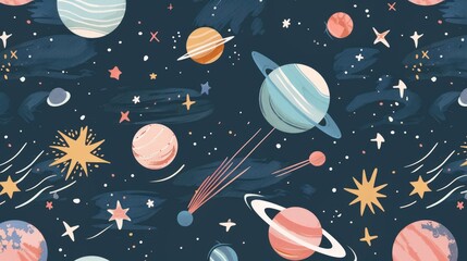 Cute hand drawn space pattern with planets, stars and comets in pastel colors on dark blue background. Celestial childish illustration