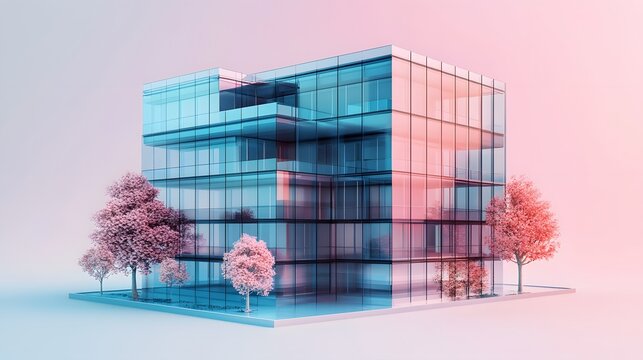Minimalist 3D office building rendered in gradient blue and pink tones. Isometric architectural design features glass windows, urban details, and small trees with professional lighting effects.