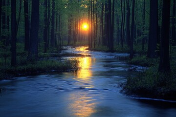 Obraz premium Peaceful Swamp Sunset: Golden Light Reflecting on Calm Water Surrounded by Trees