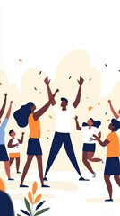 Fototapeta premium A vibrant illustration of diverse people celebrating together, expressing joy and unity with raised hands and cheerful expressions.