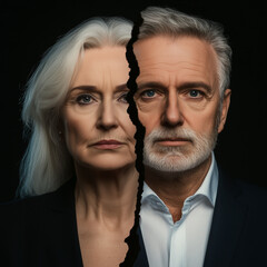 An image of an affluent older senior white couple whose relationship has broken down, grey or silver divorce.  Square format