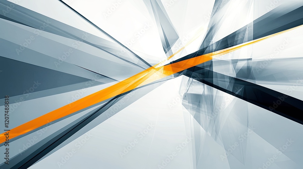 Fototapete A dynamic geometric design of gray and orange planes, angular lines, and reflective surfaces creating a clean, modern background