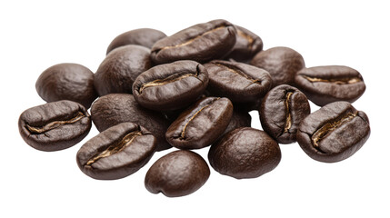 Obraz premium Close-up of fresh roasted coffee beans, showcasing their rich texture and deep brown color, isolated on a white background.