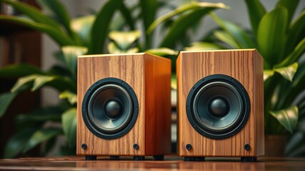 Home Audio Setup: Wooden Bookshelf Speakers - High-Quality AI Photo