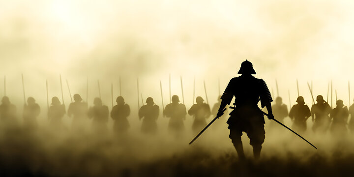 A Japanese ashigaru foot soldier marches alongside disciplined samurai, his spear held high and the morning fog swirling around their formation.