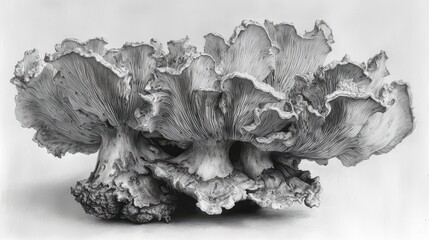 Close-up of a large, grey, shelf fungus with intricate, layered texture against a plain white background.