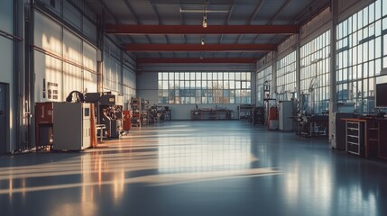 Fototapeta premium A modern industrial workshop with rows of machinery, organized storage, and smooth concrete floors for efficient production work