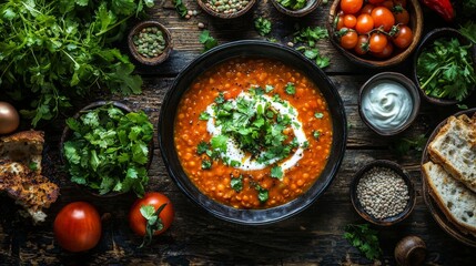 Rustic table with lentil soup yogurt and cilantro garnish