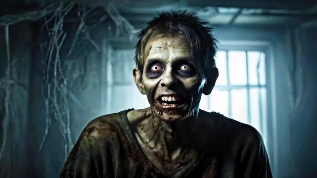 Portrait of scary zombie man with bulging eyes in dark gloomy room. Scary dangerous character with bloody mouth in room with barred window.