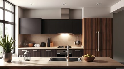 Fototapeta premium A wallpaper depicting a modern aesthetic kitchen interior, silhouetted against a backlighting, featuring natural earth tones like browns and beiges with muted colors