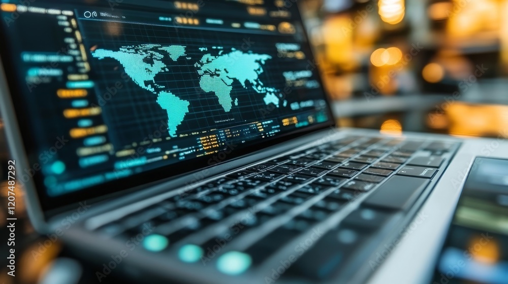 Poster business integrating cryptocurrency payments on a laptop with world map display