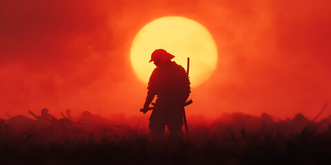 A samurai, bathed in the golden light of a setting sun, removes his helmet to gaze at the carnage on the battlefield, his face etched with a mix of grief and honor.