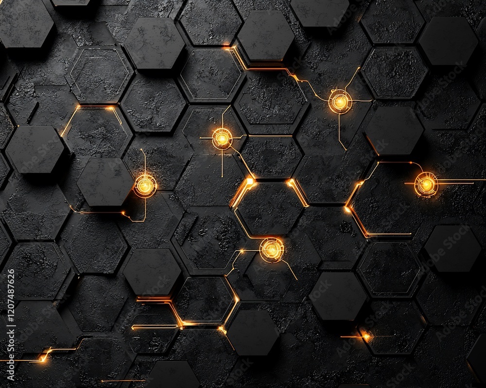 Poster Abstract dark hexagon pattern with glowing lines.