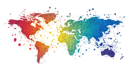 Obraz premium Colorful abstract world map design showcasing global connectivity and data representation. Ideal for tech, travel, and educational themes.