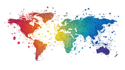 Colorful abstract world map design showcasing global connectivity and data representation. Ideal for tech, travel, and educational themes.