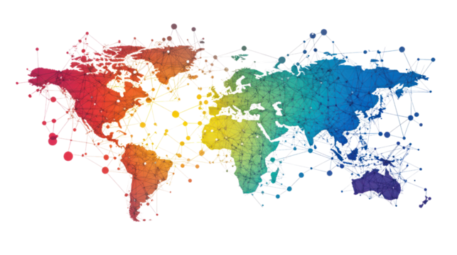 Colorful abstract world map design showcasing global connectivity and data representation. Ideal for tech, travel, and educational themes.