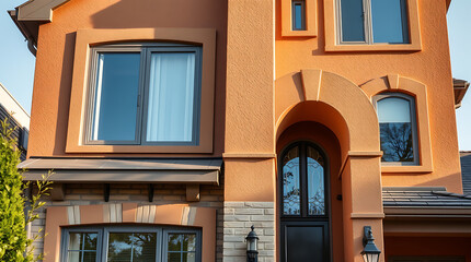 Obraz premium Orange Stucco House Exterior: Modern Home Architecture, Brick and Stone Details, Elegant Facade Design