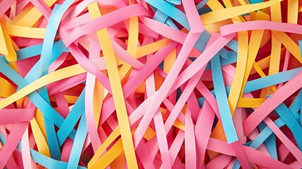 Fototapeta premium Abstract arrangement of colorful paper strips in a crisscross pattern, creating a vibrant and intricate textured composition