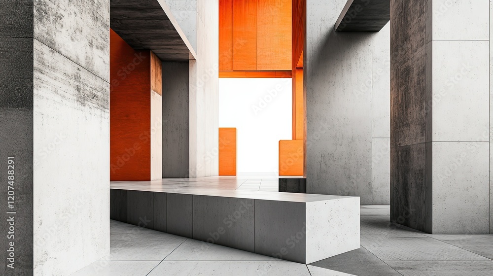 Poster abstract building elements in gray and orange tones, with textured surfaces, intersecting planes, an