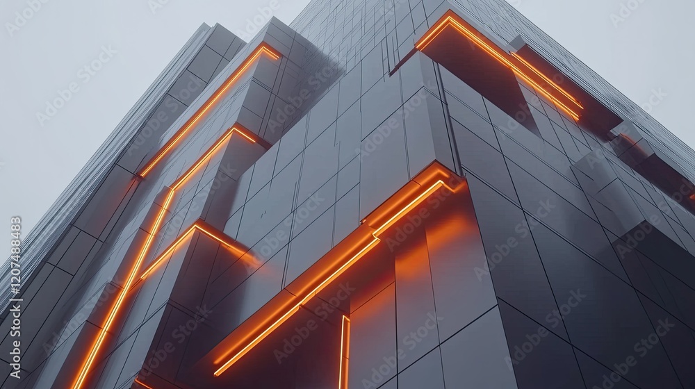 Poster abstract building facade with layered gray planes and bold orange lines, sharp corners illuminated b