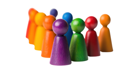Colorful wooden figures representing diversity and teamwork, set against a white isolation background.