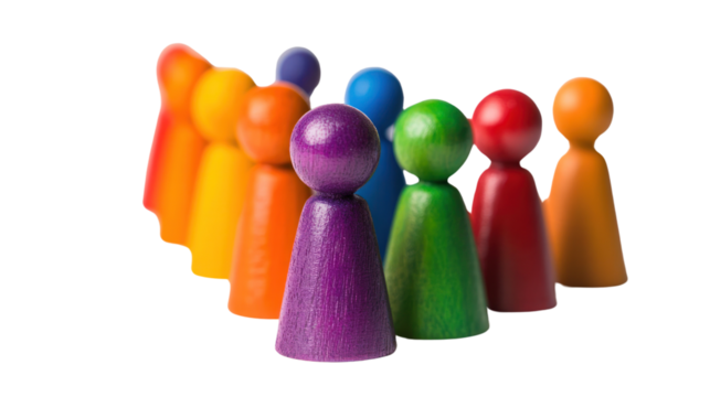 Colorful wooden figures representing diversity and teamwork, set against a white isolation background.