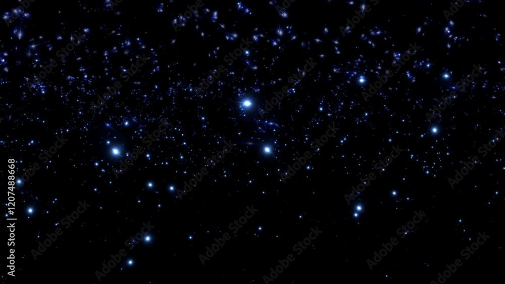 Poster loop glow blue stars particles falling down animation on black abstract background. animation of fie