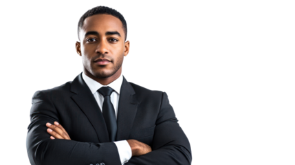Confident business professional in a formal suit, presenting a strong demeanor with crossed arms against a white background.
