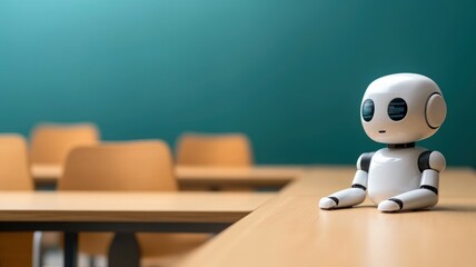A small robot sits alone at a classroom desk, surrounded by empty chairs, highlighting themes of technology and education
