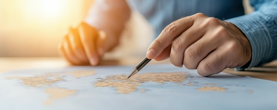 A person pointing at a map with a pen, suggesting travel planning or exploration, illuminated by soft, warm light