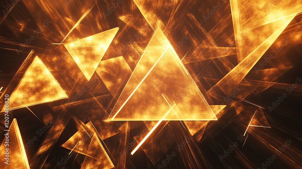 Poster abstract design featuring overlapping glowing triangles in warm colors, forming a unique and modern 