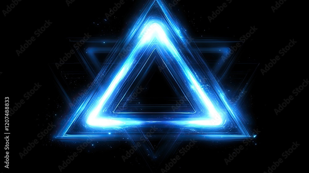 Poster abstract design of glowing triangles in cool blue tones, forming a calming and symmetrical decorativ