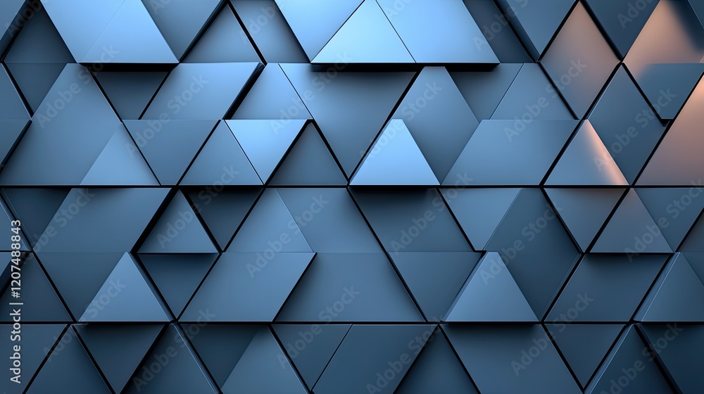 Poster abstract design of glowing triangles in cool blue tones, forming a calming and symmetrical decorativ