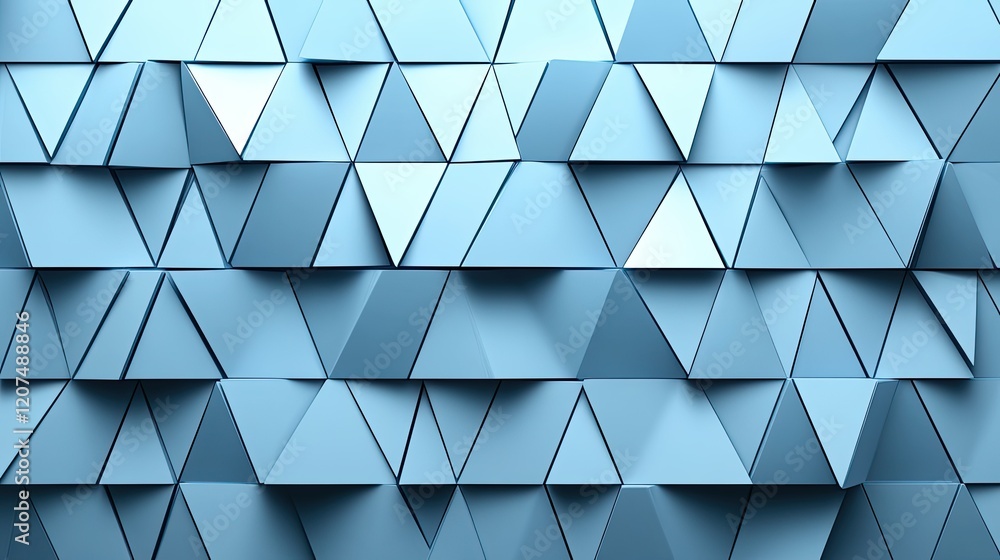 Poster abstract design of glowing triangles in cool blue tones, forming a calming and symmetrical decorativ