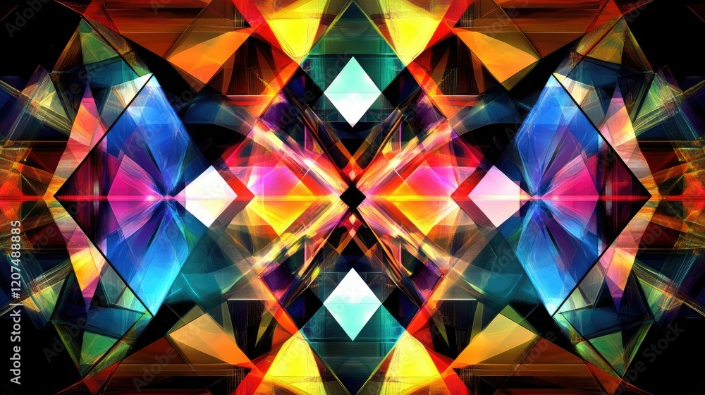 Poster abstract design with layers of glowing triangles in vibrant colors, forming a futuristic and bold de
