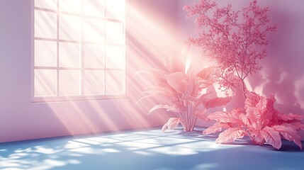 A pastel pink interior with a white window, a blue floor, and a minimalist style. In the corner, there are pink plants, 