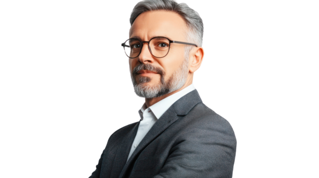 Confident businessman in a gray suit, standing with arms crossed, showcasing a professional demeanor against a white isolated background.