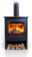 Modern Black Wood Burning Stove with Warm Cozy Fire and Stack of Logs