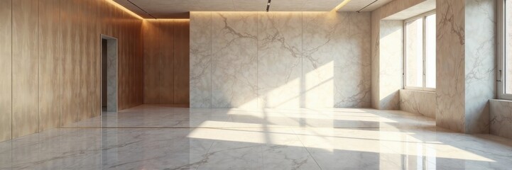 Spacious empty room, metallic paneling, marble flooring reflects light , spacious, contemporary, interior